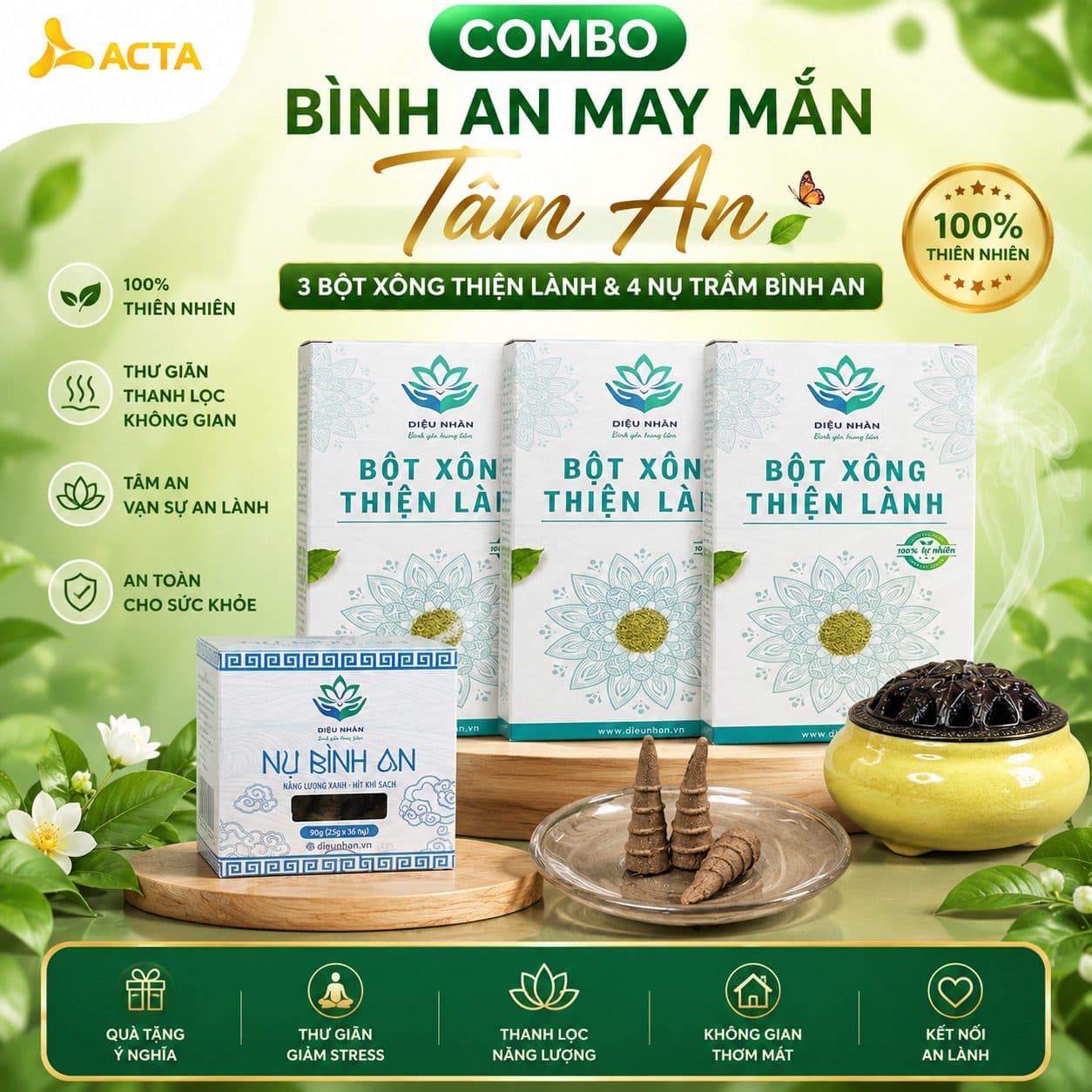 Combo Bình An May Mắn Tâm An - 3 Bột Xông Thiện Lành & 4 Nụ Trầm Bình An - Hình 1