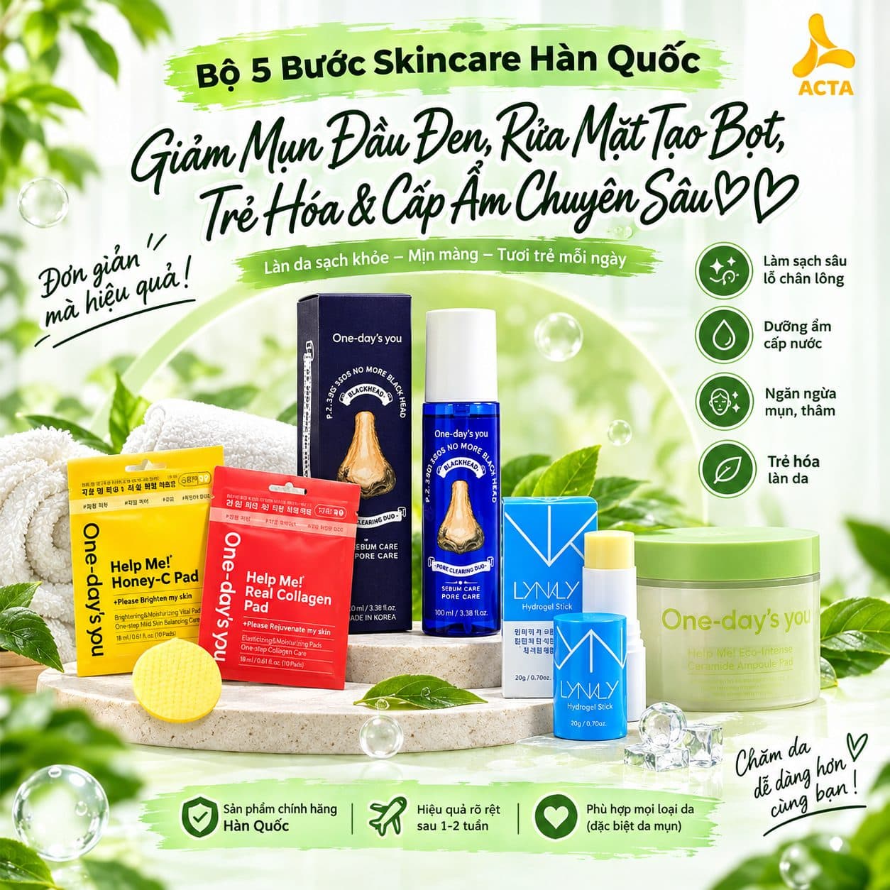  Bộ 5 Bước Skincare Hàn Quốc: Giảm Mụn Đầu Đen, Rửa Mặt Tạo Bọt, Trẻ Hóa & Cấp Ẩm Chuyên Sâu – Routine Tinh Gọn Cho Làn Da Mộc Rạng Rỡ - Hình 1